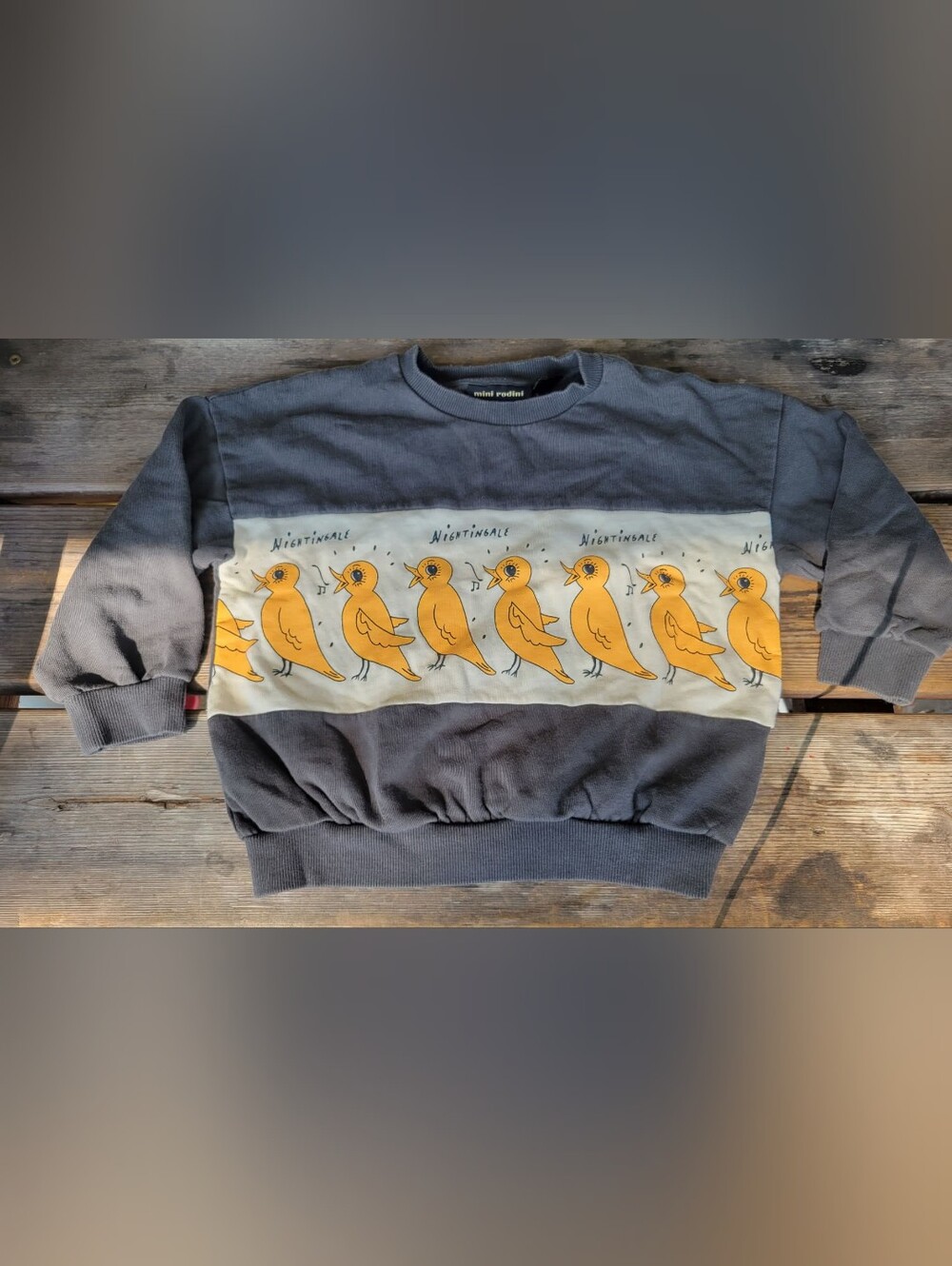 MINI RODINI SZ 4-5Y VGUC CHARCOAL GRAY YELLOW BIRDS print sweatshirt